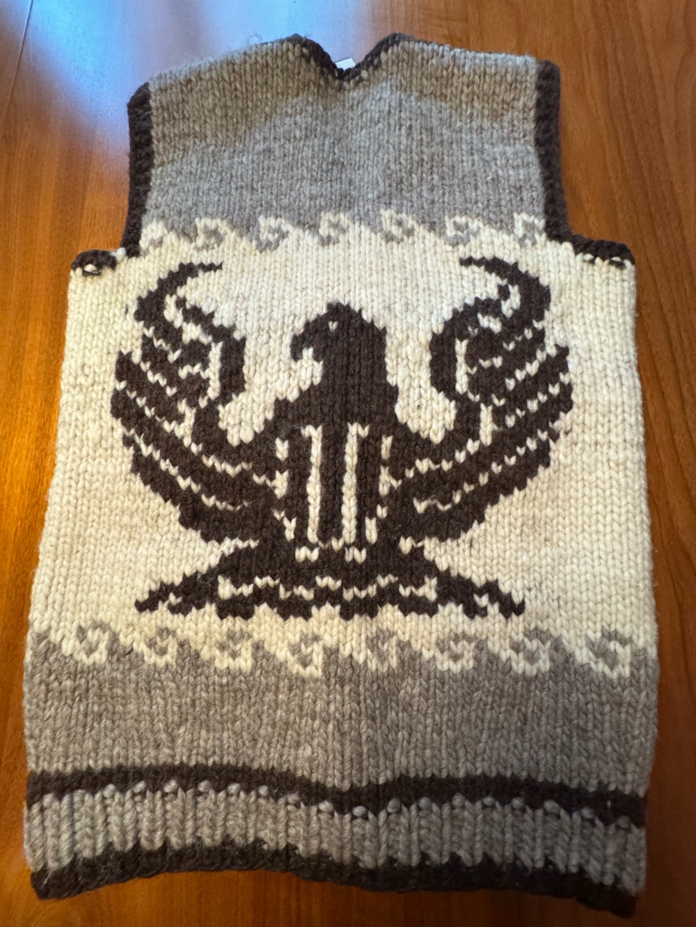 Vintage Hand-Knit Cowichan Vest, Double Eagle, Heavy Wool with Zipper. Unisex M